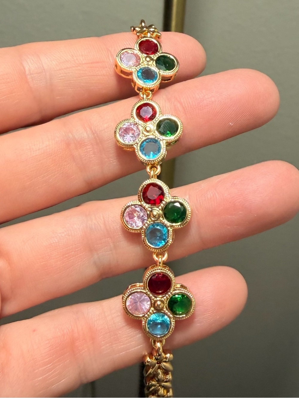 Gold Filled Over Brass Multicolor Crystal Flower Link Bracelet